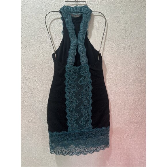 FREE PEOPLE ~X Small ~ Teal & Black Lace NATASHA Bodycon High Neck Dress - Picture 6 of 16